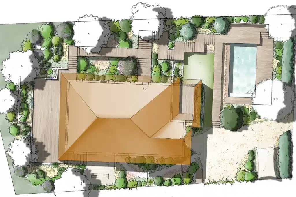 Esquisse artistique d’un projet de conception paysagère illustrant l’aménagement des espaces verts, des terrasses et de la végétation dans un cadre harmonieux et naturel.