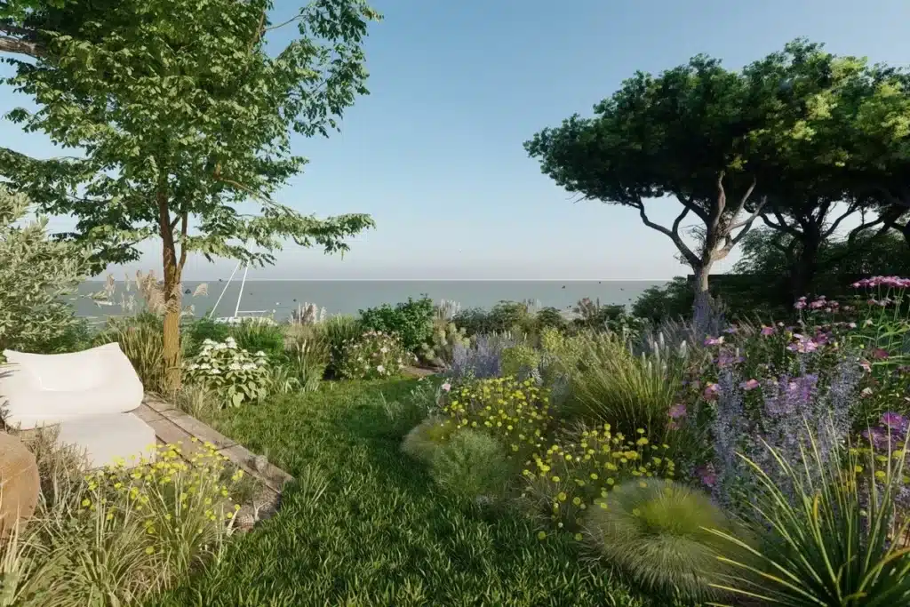 Visualisation 3D réaliste d’un jardin paysager avec une végétation luxuriante, un aménagement soigné et une vue panoramique sur la mer, représentant le rendu final du projet.