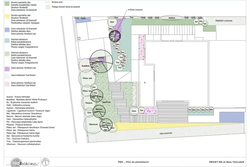 Plan détaillé de conception paysagère avec annotations précises des espèces végétales, des matériaux et des aménagements extérieurs, offrant une vision technique et structurée du projet.